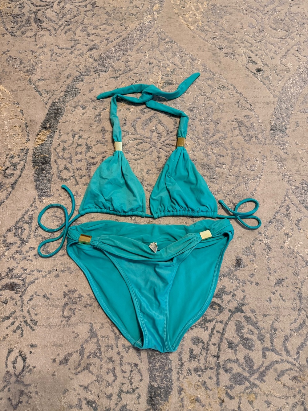 Vix Teal Halter Triangle Bikini Set with Gold Accents